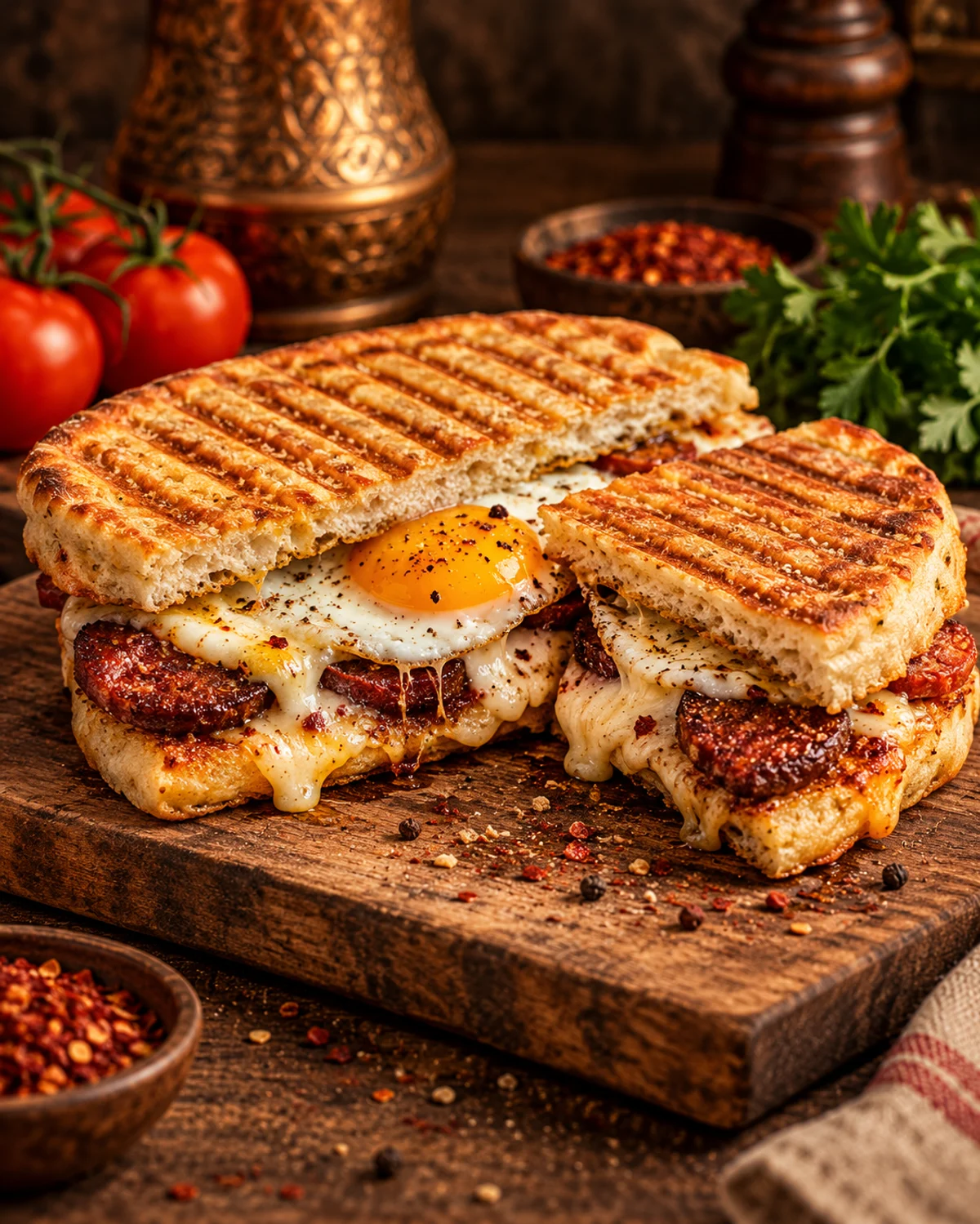 Sucuk, yumurta ve erimiş kaşar peynirli bazlama tost görseli